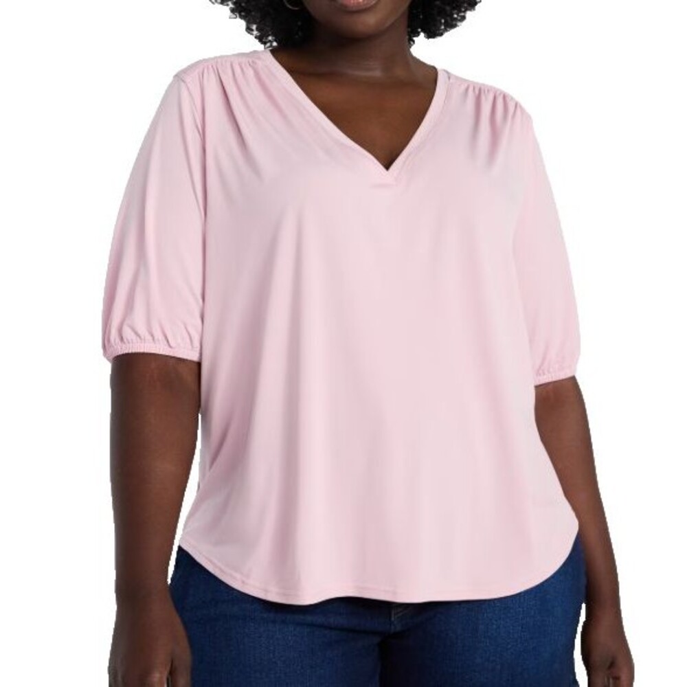 Terra & Sky Women's 1X (16w-18w) Dark Rose Pink Elbow Vneck Tee Blouse Stretchy